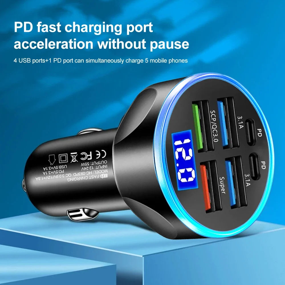 66-250W PD 6in1 Car Charger QC3.0 Fast Charge with Digital Display