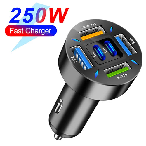 66-250W PD 6in1 Car Charger QC3.0 Fast Charge with Digital Display
