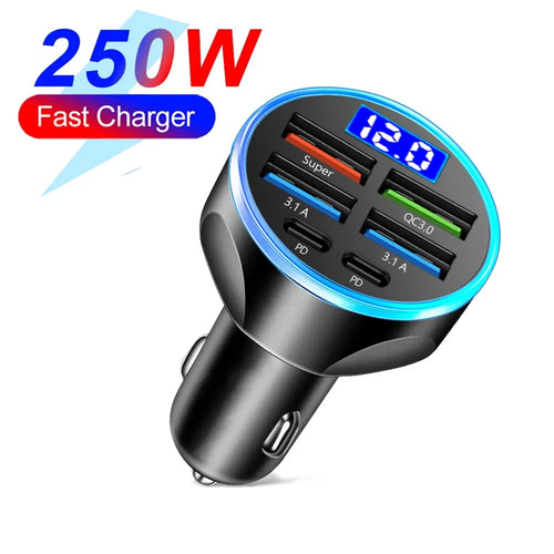 66-250W PD 6in1 Car Charger QC3.0 Fast Charge with Digital Display