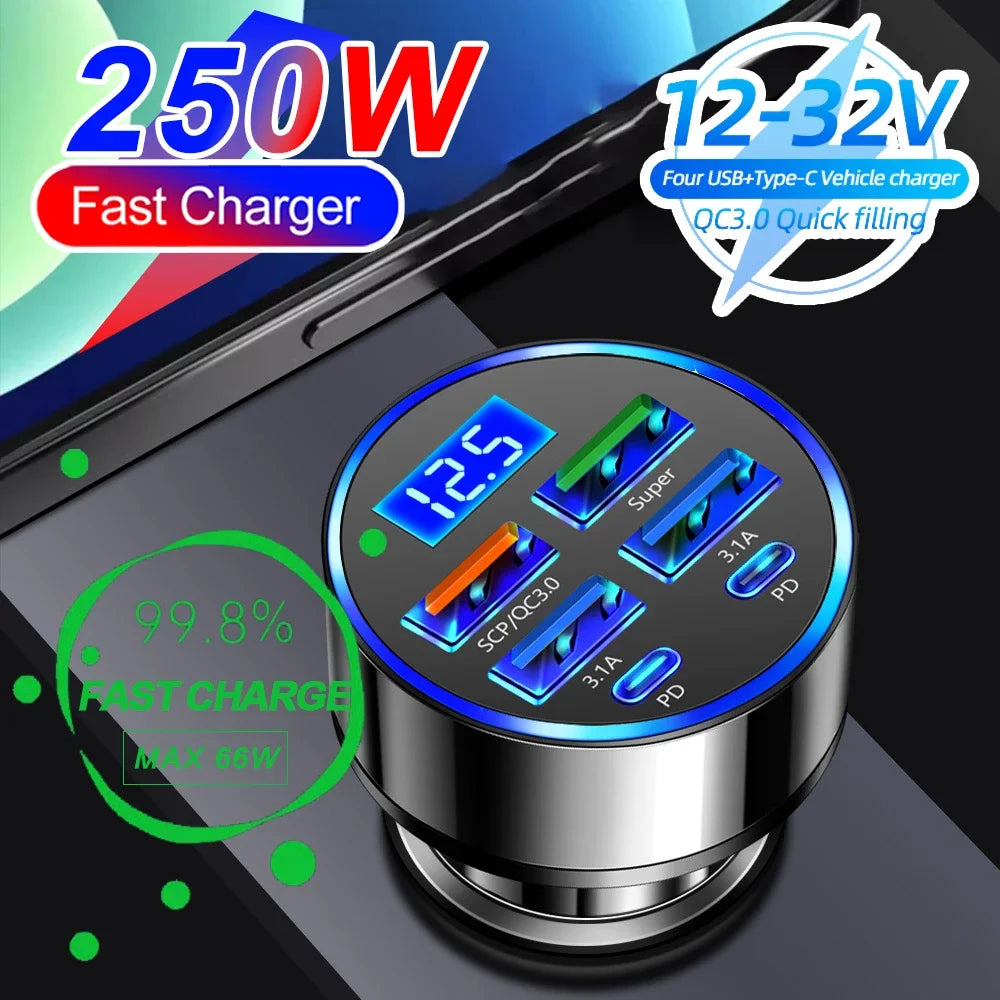 66-250W PD 6in1 Car Charger QC3.0 Fast Charge with Digital Display