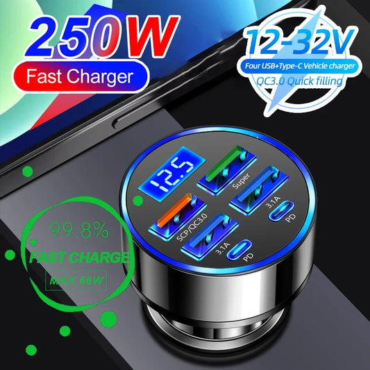 66-250W PD 6in1 Car Charger QC3.0 Fast Charge with Digital Display