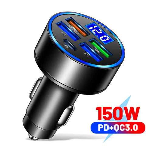 66-250W PD 6in1 Car Charger QC3.0 Fast Charge with Digital Display